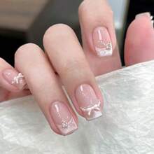 10pcs Square Wearable Nails Short/3D Bow Pearl Flower Rhinestone French Sweet Style Perfect Fit Acrylic False Nails Suitable For Women Autumn/Winter Daily Commute - 彩色 - 查看 3