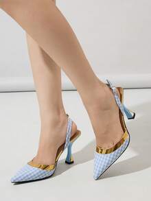 Women's Classic Checkerboard Colorblock Pointed Toe High Heel Shoes With Fashion Back Strap Open Heel, Elegant Women's Sandals, Women's Elegant Kitten Heel Shoes, Summer Dress Outfit Party Evening Shoes, Autumn/Winter Dual-Color High Heels, Autumn Women's Shoes, Blue High Heels, Women's Formal Shoes, Fashion Women's High Heels/Blue Sandals - Light Blue - View 4