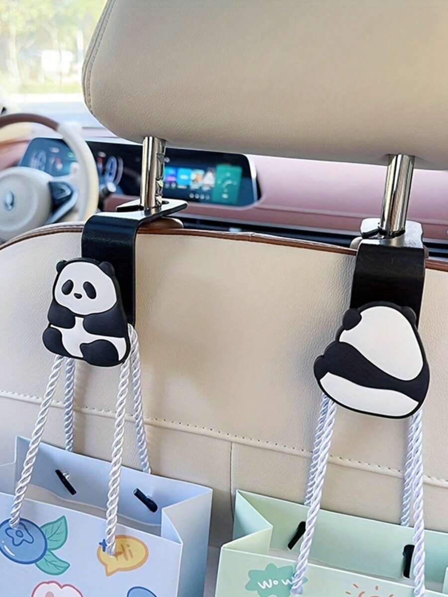2pcs Cute Panda Car Seat Back Hooks, Cartoon Hidden Car Hooks, Practical Car Interior Storage Hooks, Panda Car Hooks, Seat Back Hidden Design, Multi-Functional Car Interior Storage - Panda - View 1