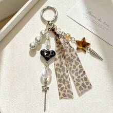 Korean Y2K Leopard Print Keychain, Star & Pearl Bag Charm, Ins Style Hot Girl Backpack Pendant, Niche Design Bag Chain, Gift For Girls - Multicolor - View 2