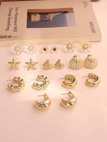 6/18PCS Fashionable Elegant Floral Geometric Ocean Series Multi-Element Gold Metallic Pearl Color Flower Earrings Set, Women's Fashion Earrings Set - Multicolor - View 6