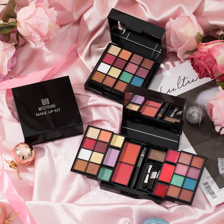 Cosmetics Set 16-Color Eyeshadow Palette, Lip Gloss, Contour Cream, Blush, Eyebrow Powder, Black Eyebrow Pencil, Brush Combination Set - Black - View 1