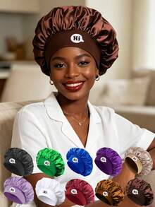 1Pc Hi Letter Satin Summer Sleeping Cap, Head Scarf, Lightweight Hair Care Cap, Print Satin Sleep Wide Elastic Band Silky Hair - Multicolor - View 1
