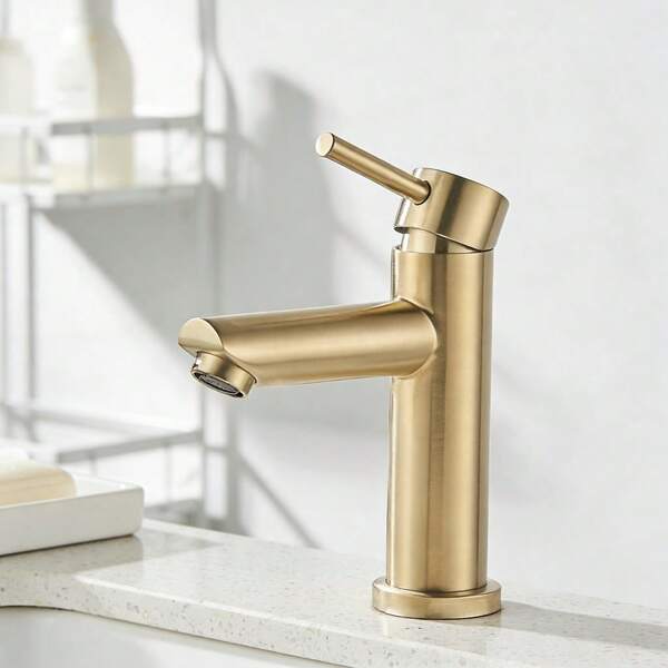 rifo de acero inoxidable de una sola manija montado en la cubierta del lavabo del baño, mezclador de agua caliente/fría, actualización moderna del baño, grifo de acero inoxidable dorado cepillado para el lavabo del baño, un grifo de agua caliente y fría minimalista y lujoso, instalación en la encimera (1 orificio)
