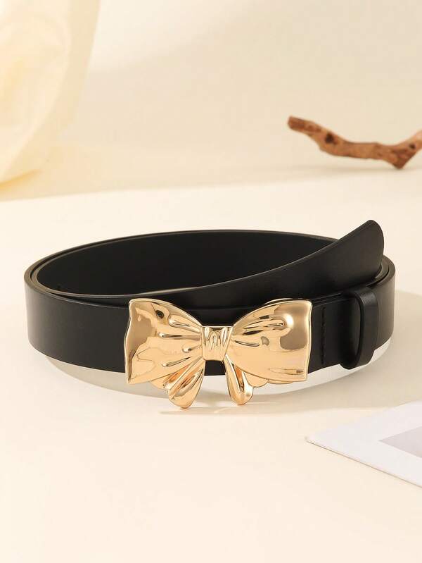 1PC Gold Bow Buckle Women's Solid Color Belt, Classic Minimalist Casual Dress & Pants Belt, Suitable For Daily Office Commute Wear, PU Leather