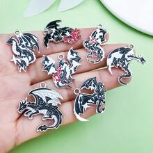 5/10pcs Silver Tone Enamel Dragon Charms Gothic Flying Dragon Pendants Rose Flame Design For DIY Earring Necklace Jewelry Making Supplies - Black - View 2