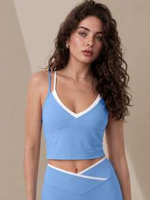 Women's 2-In-1 Double Strap V-Neck Removable Liner Sports Yoga Tank Top, High Support Y-Back Padded Fitness Training Vest - Blue - View 7