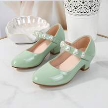 1 Pair Girls' Mary Jane Chunky Heel Shoes, Hook & Loop Closure Heart Decor Solid Color Casual Dance Shoes - Mint Green - View 8