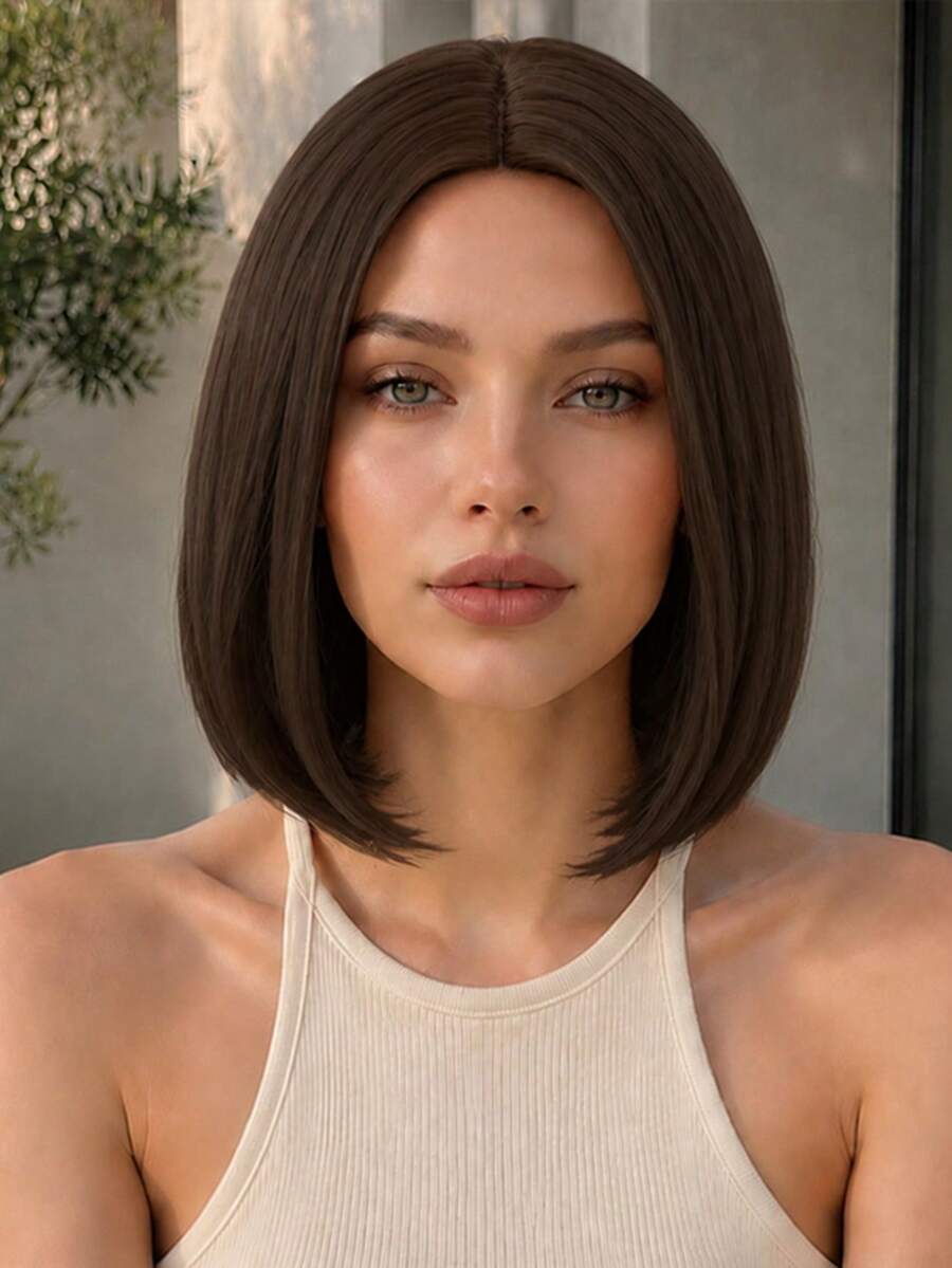 Women's 12 Inch Dark Brown Middle Part Bob Wig, Elegant Short Hair Wig, Suitable For Office, Daily And Party Looks - Dark Brown - View 1