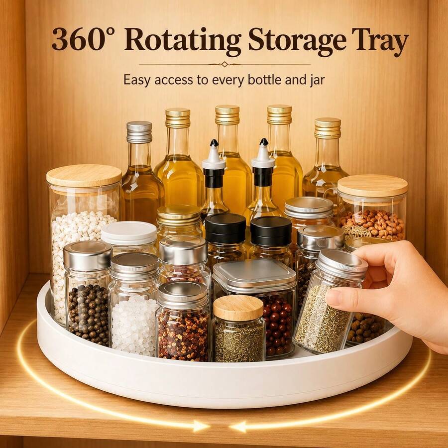 360°旋轉廚房調料收納轉盤，檯面櫥櫃化妝品多功能收納托盤，適用檯面、櫥櫃、桌面