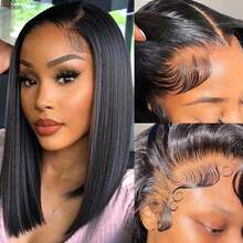 Dollface Short Bob Lace Front Wigs Made Of Human Hair, 13x4 Lace Design, With Smooth Styles And 200% Density For Women. HD 13x6 Transparent Lace Front Wig, Pre-Plucked With A Natural Hairline. 4x4 And 5x5 Straight Human Hair Wigs. - Natural Black - View 5