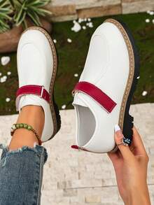 1 Pair Vintage Colorblock Hook & Loop Loafers For Women, Spring/Autumn New Round Toe Versatile Casual Commute Leather Shoes - White - View 6