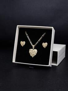 2Pcs Romantic Catholic Faith Heart Jewelry Set, Textured Hammered Guadalupe Pendant Necklace & Matching Heart Stud Earrings For Women - Religious  Heart Set - View 2