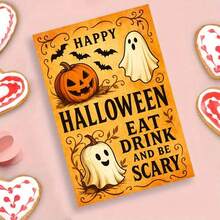 1 Grußkarte + 1 Umschlag Gruselige Halloween Grußkarte, Kürbis und Geist Design "Essen, Trinken und Gruselig sein", perfekt für Freunde, Halloween Festlicher Vintage Stil. - Übersicht 10