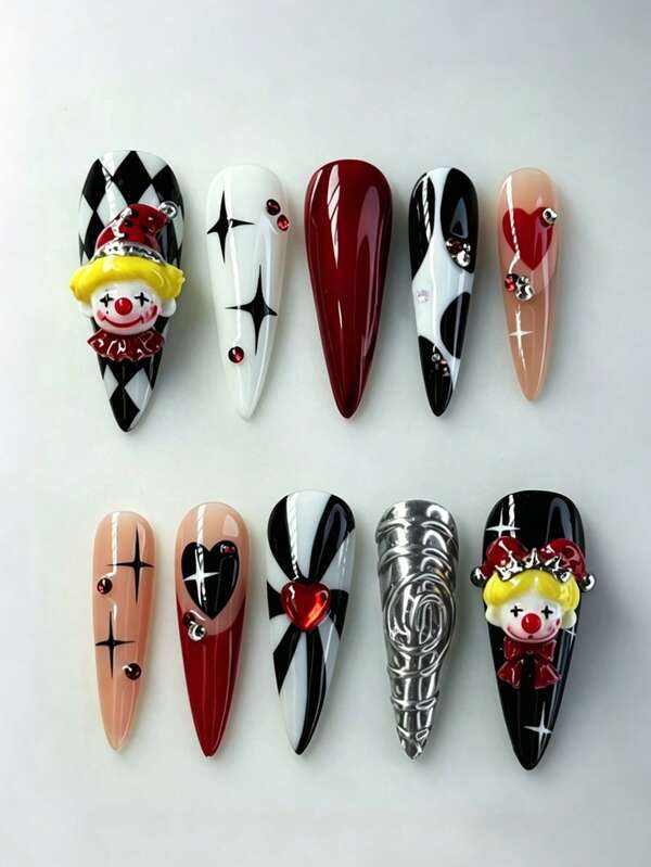 30pcs Long Pointed Press On Nails 3d Nails,Halloween,Funny Clown & Star Patterns,Red & White Contrast Y2K Style, Suitable For Women & Girls, Halloween Fake Nails, Nail Art Supplies,Suitable For Daily Wear, Music Festivals And Parties.
