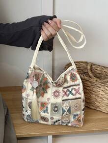 2026新款女式新中式刺繡肩背包 百搭斜挎水桶包 - 米色 - 查看 2