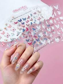 2 Peças Adesivos de Unhas com Relevo 5D, Unhas, Decoração DIY, com Lírios, Borboletas Rosas, Borboletas Brancas, Flores de Lótus e Padrões de Borboletas Coloridas, Adequado para Criar Arte de Unhas Estilo Floresta de Primavera e Verão e Estilo Francês Delicado - Multicolorido - Visão 1