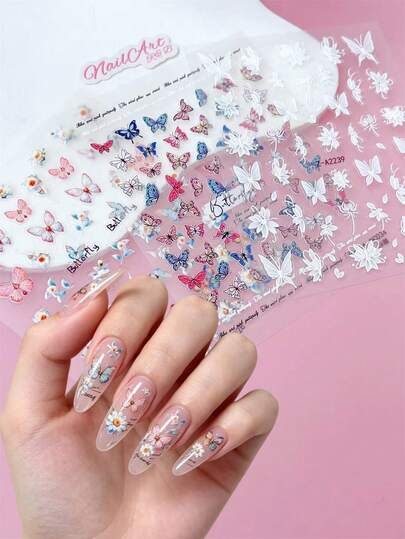 2pcs 5D Embossed Relief Nail Stickers, Nails, DIY Decoration, Featuring Lilies, Pink Butterflies, White Butterflies, Lotus Flowers, And Colorful Butterfly Patterns, Suitable For Creating Spring And Summer Forest Style And Gentle French Style Nail Art