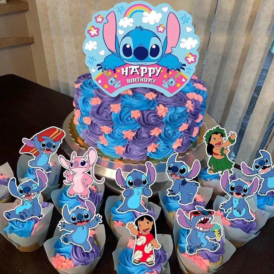 Hawaiian Stitch DIY Cake Decor Pack, Rainbow Happy Birthday Cake Topper, Assorted Character Cupcake Toppers, Lightweight Dessert Picks For Holiday Celebration Anime Fan Dessert Table Decor - Multicolor - View 1