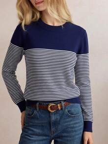 Navy Blue Patchwork Striped Crew Neck Knit Sweater, Minimalist Commuter Inner Layer, Segmented Color Block Design Adds Rich Layers, Fine Horizontal Stripe Texture Soft And To The Eye, Fitted Ribbed Hem Enhances Body Proportion - Navy Blue - View 3