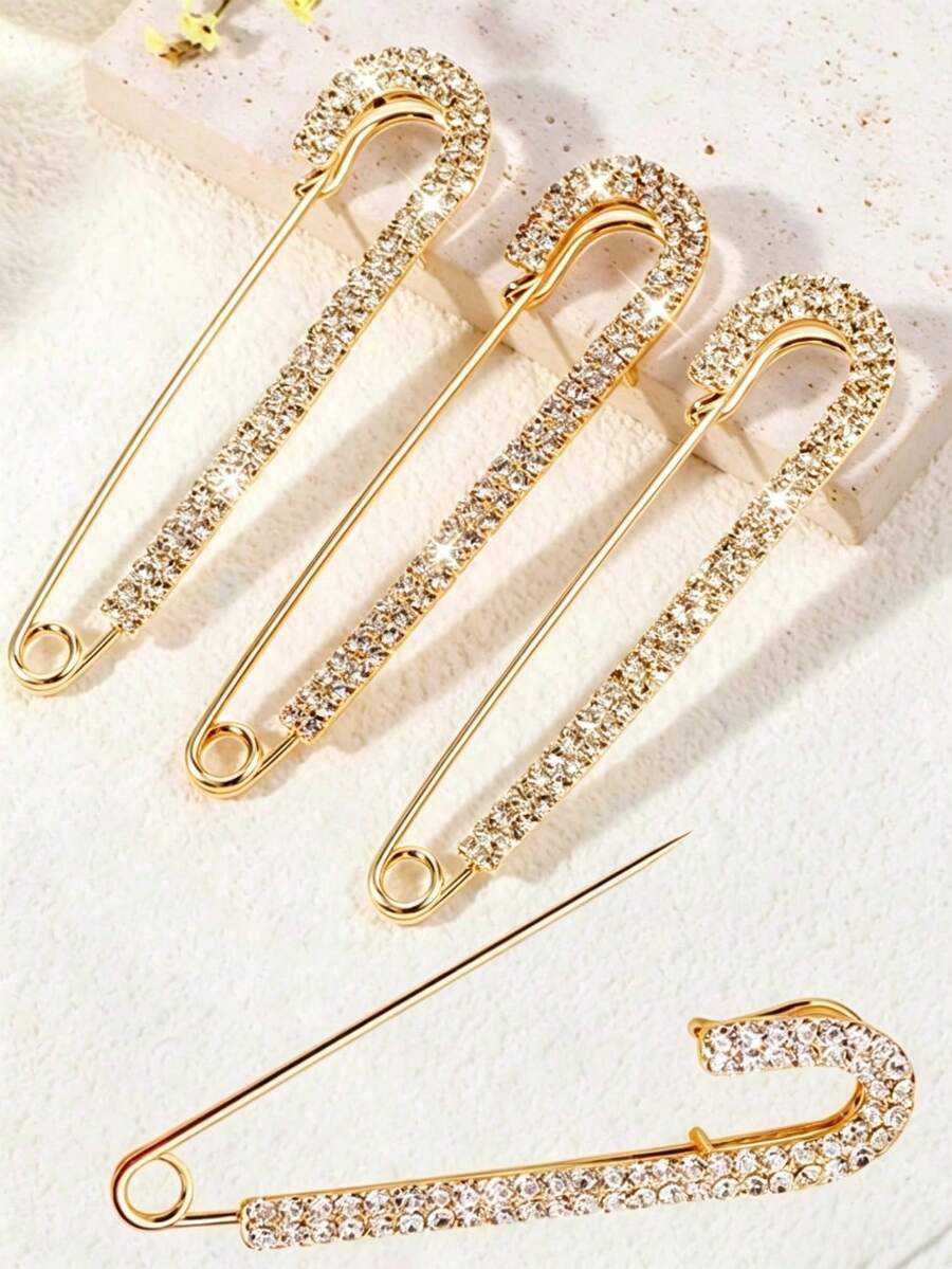 5pcs Shiny Gold Rhinestone Brooches - Women's Shirt Dress Collar Accessories Safety Pin Artificial Crystal Clip - Gold - View 1