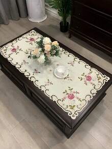 1pc Handmade Floral Embroidered Hollow-Out Tablecloth, American Style Polyester Square Embroidered Handmade Hollow-Out Dust-Proof Tablecloth, Suitable For Dining Table, Coffee Table, Tea Table For Daily And Holiday Party Decoration - Hot Pink - View 9