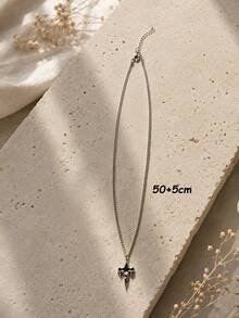 1pc Black Drip Oil Cross Necklace, Silver Thin Chain, Dark Gothic Style Unisex Jewelry - Silver - View 2