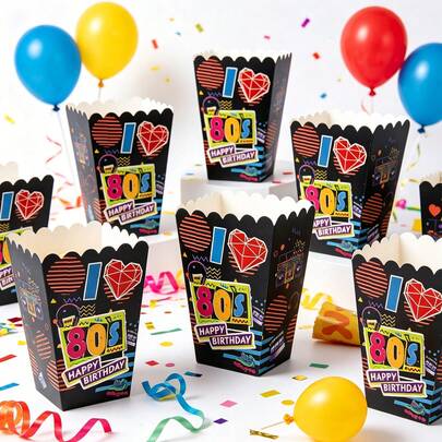 6 piezas Cajas de palomitas retro de los 80, Cajas de golosinas para fiesta de cumpleaños de hip hop de los 80, Recipientes desechables de papel para dulces y aperitivos para decoración de fiesta con temática de los años 80