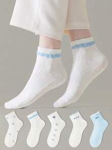 ZUJO 5 Pairs Women's Blue And White Short Socks, Letter And Heart Pattern, Suitable For Spring, Autumn, Summer Daily Wear, Simple And Comfortable, Random Color - Multicolor - View 4