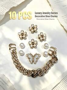Lote de 10 piezas de dijes de zapatos con temática de perlas de lujo - Regalos perfectos para chicas adolescentes elegantes - Accesorios DIY lindos y removibles para sandalias, pantuflas & bolsos - Multicolor - Ver 1