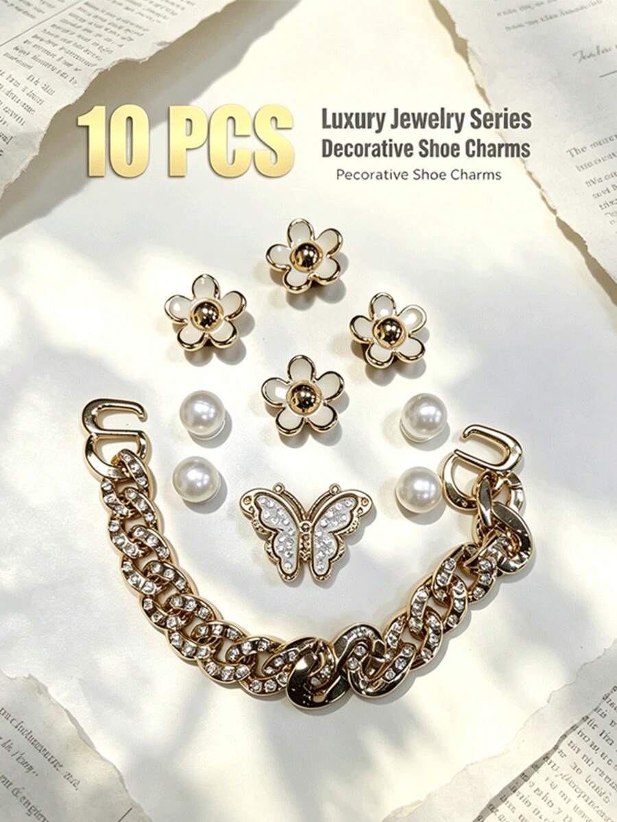 Lote de 10 piezas de dijes de zapatos con temática de perlas de lujo - Regalos perfectos para chicas adolescentes elegantes - Accesorios DIY lindos y removibles para sandalias, pantuflas & bolsos - Multicolor - Ver 1