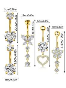 Juego de 5 piezas de anillos para el ombligo con forma de mariposa, flor, corazón y flor de circonita en color dorado, piercing de ombligo de acero inoxidable clásico para mujeres, uso diario - oro - Ver 7