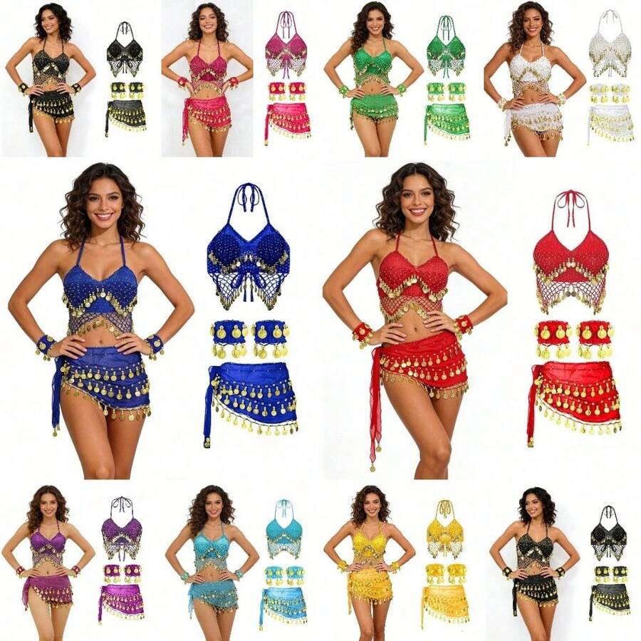 Belly Dance Coin Sequin Bra Top With Coin Fringe Hip Scarf And Arm Cuffs For Fusion & Stage Performance - Multicolor - View 1