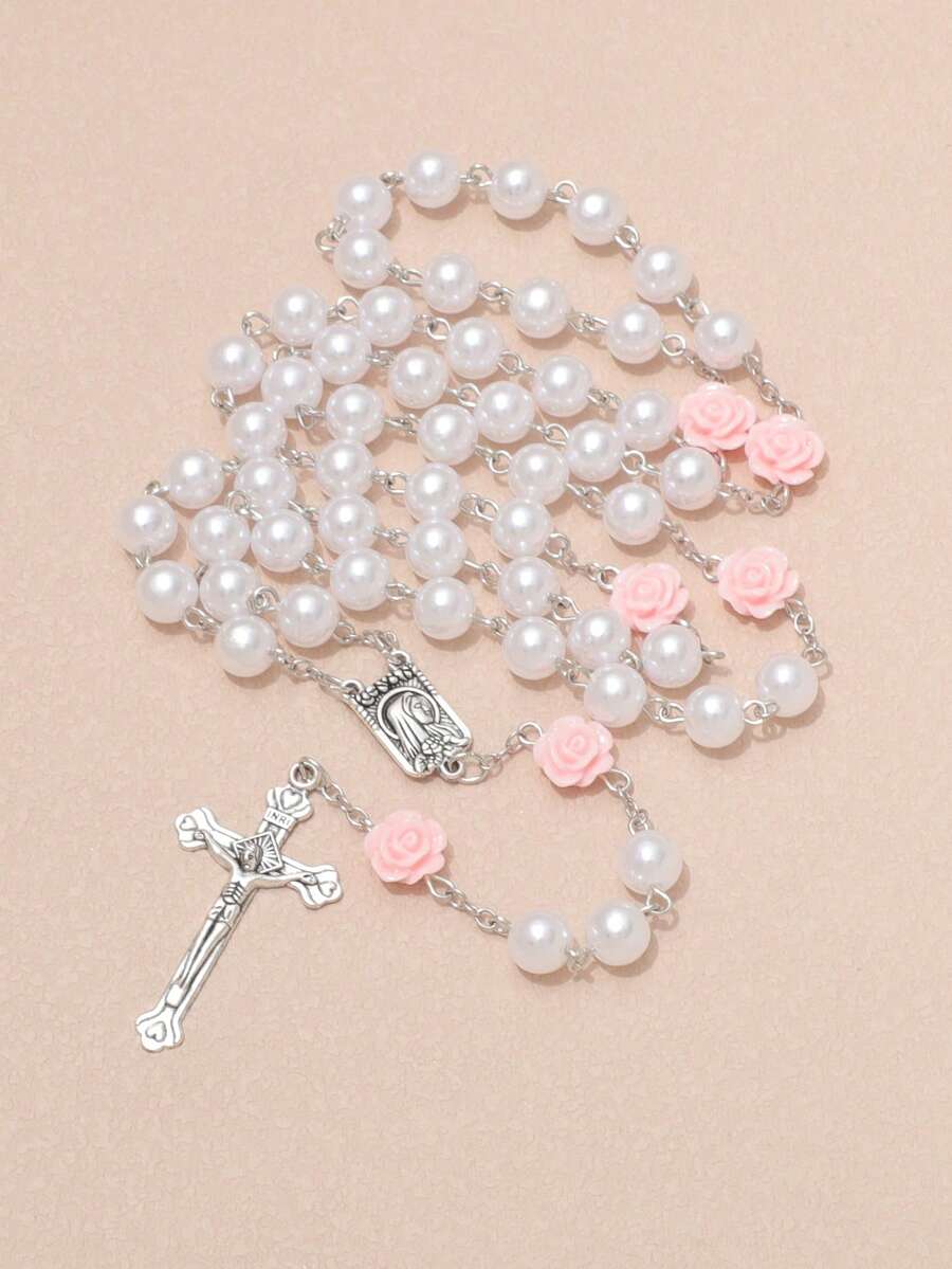 1pc Pearl Rose Cross Necklace, Virgin Mary & Jesus Christ Cross Pendant - Pink - View 1