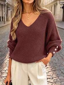 Suéter de punto holgado con cuello en V y botones para mujer, jersey informal y versátil de punto acanalado y ligero - Café integral - Ver 3
