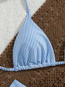 Women's Special Jacquard Striped Fabric Triangle Halter Bikini 2 Pieces Set, Summer Island Vacation Outfit Beach - Multicolor - View 5