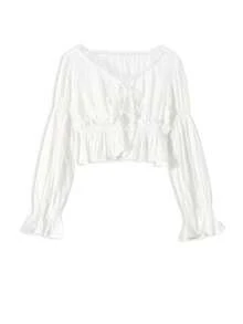 Women's White Short V-Neck Ruffle Long Sleeve Blouse With Knot And Pleated Details - White - View 4