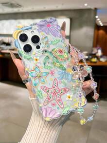 Starfish Painted Twisted Wave Edge Transparent Phone Case With Attached Bracelet, Flat Printed Colorful Anti-Drop Fashion Cute Design, Compatible With Iphone 17/17 Pro/17 Pro Max/16/16 Pro/16 Pro Max/16 Plus/14/15/XS/XR, 10 Cases, New Anti-Drop Thickened Soft Full Coverage Creative Phone Shell Compatible With Apple P15 Pro Max/P14/P13/P12/P11 - Multicolor - View 3