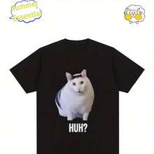 Funny "Huh?"Cat Meme Graphic T-Shirt - ￜbergr￶￟En Men's T-Shirt - Heavyweight 100% Cotton Shirt - Black With White Print - Black - View 1