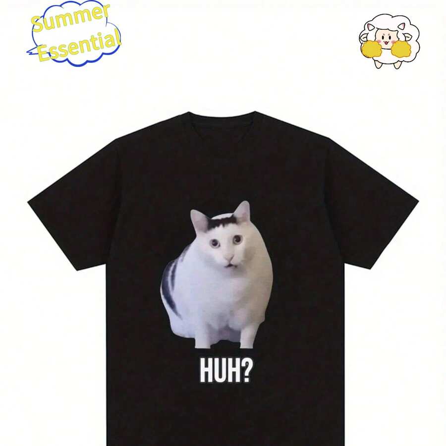 Funny "Huh?"Cat Meme Graphic T-Shirt - ￜbergr￶￟En Men's T-Shirt - Heavyweight 100% Cotton Shirt - Black With White Print - Black - View 1