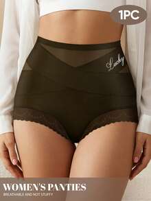 MIOTAN 1pc Women's Mesh High Waist Triangle Panties, Tummy Control Slimming, Cross Strap Design, Everyday Underwear - Coffee Brown - View 3