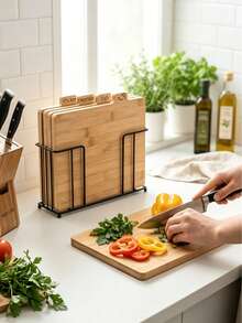 Bamboo Cutting Board Set With Storage Rack, Separate Food Cutting Boards, Kitchen Boards Holder,4 Syle Coded Chopping Boards For Beef, Fish, Chicken, Vegetable, Non-Slip Separate Kitchen Cutting Boards,Kitchen Separate Chopping Boards. - Bamboo and Wood Color - View 2