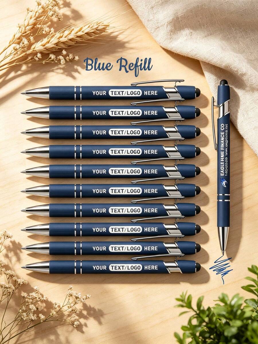 12pcs Blue Ink Customized Pens, Metal Printed Name/Logo/Text, Gift For Office, Teachers And Students, Engraved Pens, Promotional Items - Sets - View 1