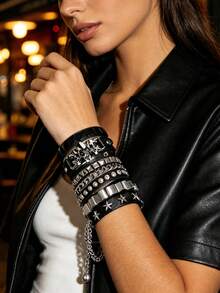 Xiacheng 1/3/4pcs PU Leather Rivet Punk Bracelet, Unisex Gothic Style Rivet Cuff Wristband, Adjustable Punk Rock Accessory For Halloween Party, Holiday - Black 3 - View 5