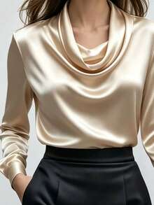 Blus Lengan Panjang Kerah Ruffle Elegan untuk Wanita, Desain Warna Polos untuk Liburan - Emas Sampanye - View 3