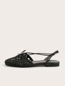 Square Toe Closed Toe Burgundy French Handmade Woven Bow Backless Slip-On Flat Sandals - Black - View 6