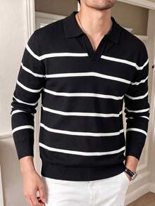 Mercer Haus Men's Horizontal Striped Long Sleeve Knit Polo Shirt, Casual Classic Pullover Top - Black - View 3