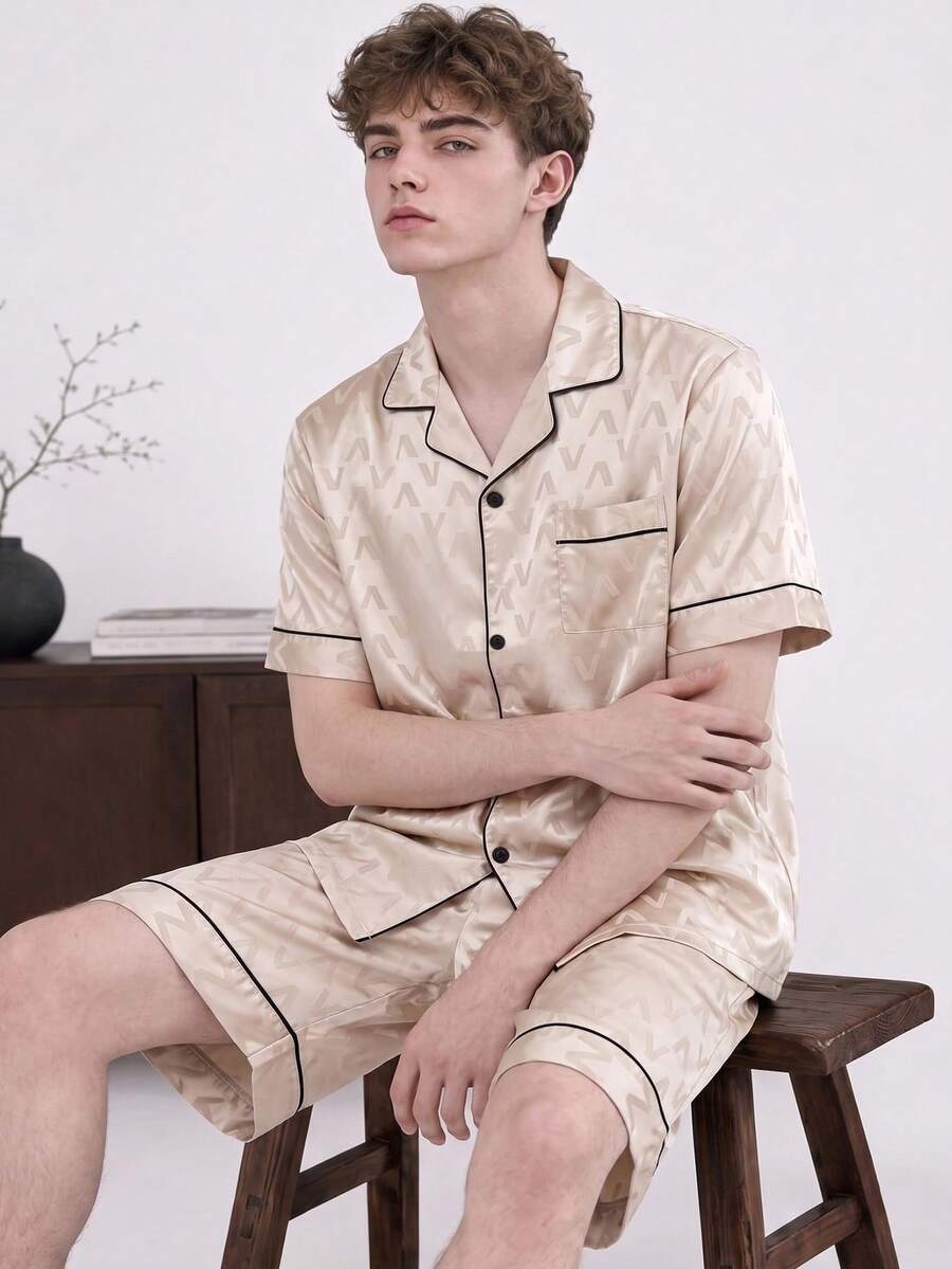2pcs/Set Men's Summer Short Sleeve & Shorts Satin Jacquard Letter Print Casual Comfortable Pajamas, Fashionable Lapel Home Wear Outfit For Men - Champagne - View 1