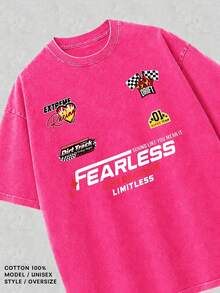 T-shirt d'été en coton lavé pour femme, style streetwear américain avec écussons de course, coupe ample, effet vieilli, noir, manches courtes, unisexe - Rose vif - Voir 2