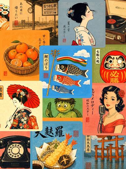 50張昭和復古浮世繪日式裝飾貼紙，開學季，深夜食堂方形印花插圖、四季花卉、復古單車與古董黑膠唱片，適用於手帳、水壺、行李箱，日式野餐DIY裝飾